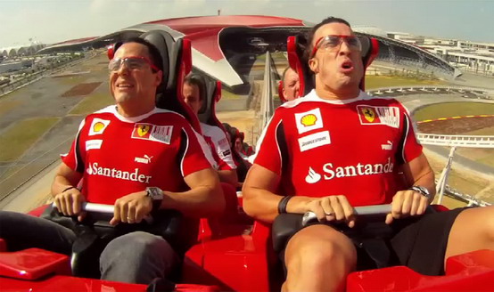 Felipe Massa e Fernando Alonso provano Formula Rossa, l’ottovolante di Ferrari World