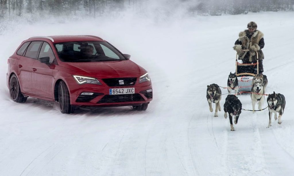 Seat Leon Cupra e l’inedita sfida glaciale in velocità: 300 CV contro 6 husky [FOTO e VIDEO]