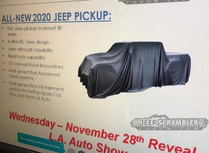 Jeep Scrambler: il nuovo pick up verrà svelato al Los Angeles Auto Show 2018