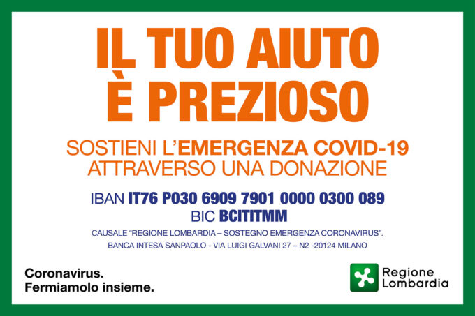 Emergenza Coronavirus: Regione Lombardia lancia la campagna di raccolta fondi #FermiamoloInsieme