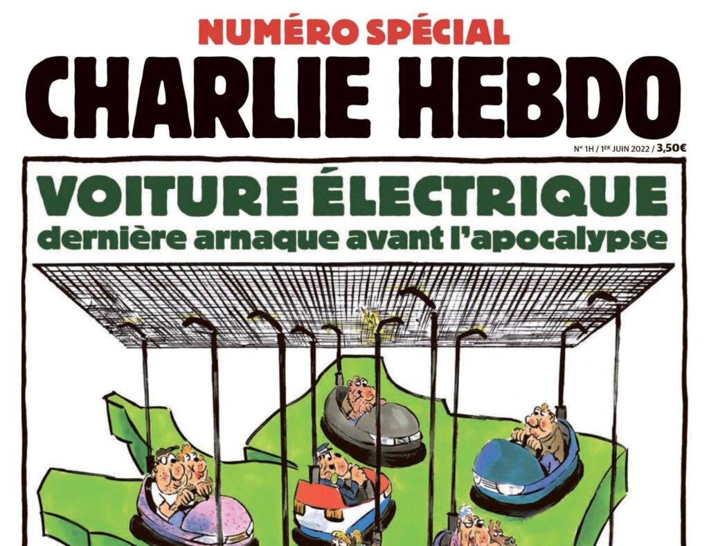 Auto elettrica in Francia, Charlie Hebdo: “L’ultima truffa prima dell’apocalisse”