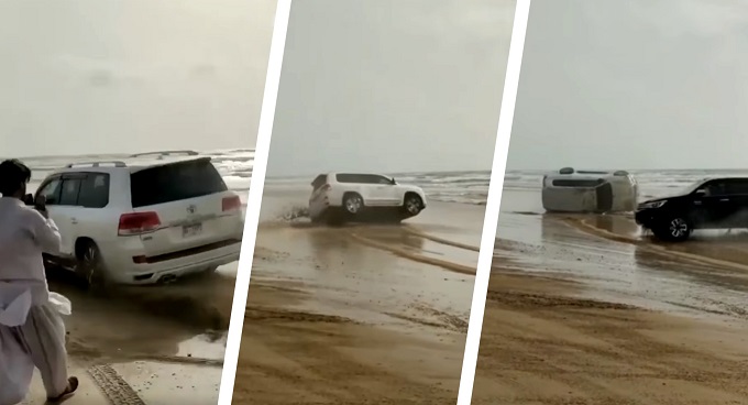 Toyota Land Cruiser e il drift in spiaggia finito male: tenta di derapare col SUV ma si ribalta [VIDEO]