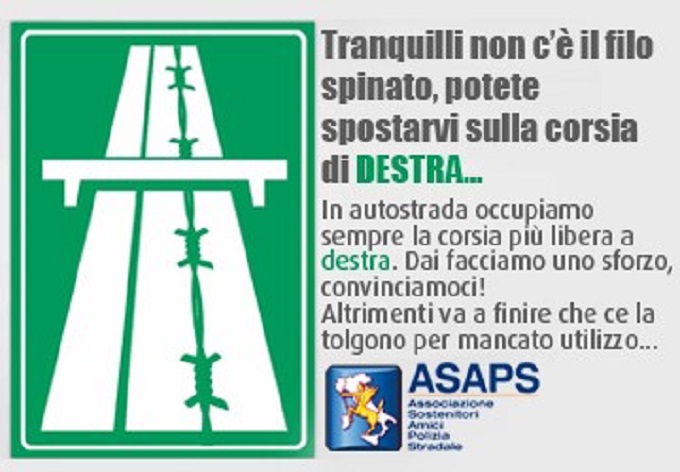 Prima corsia di destra inutilizzata in autostrada: campagna Asaps per “riconquistarla”