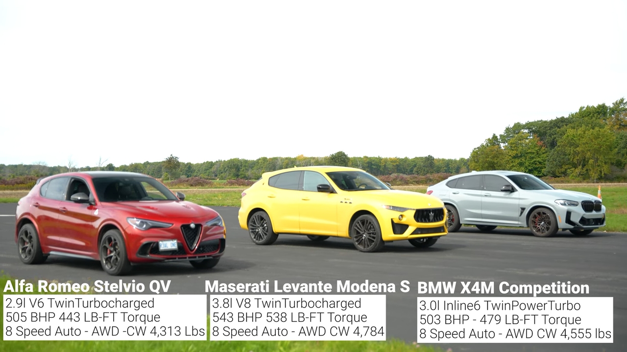 Alfa Romeo Stelvio Quadrifoglio vs BMW X4 M Competition vs Maserati Levante Modena S drag race