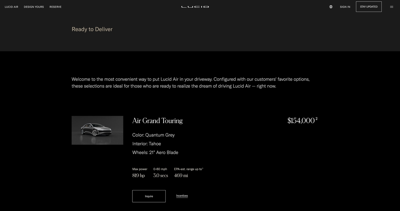 Lucid Motors propone alcune Air in pronta consegna
