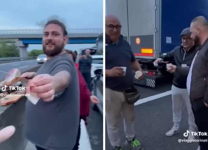 Prosciutto offerto agli automobilisti fermi in coda in autostrada: il gesto a sorpresa del giovane chef [VIDEO]