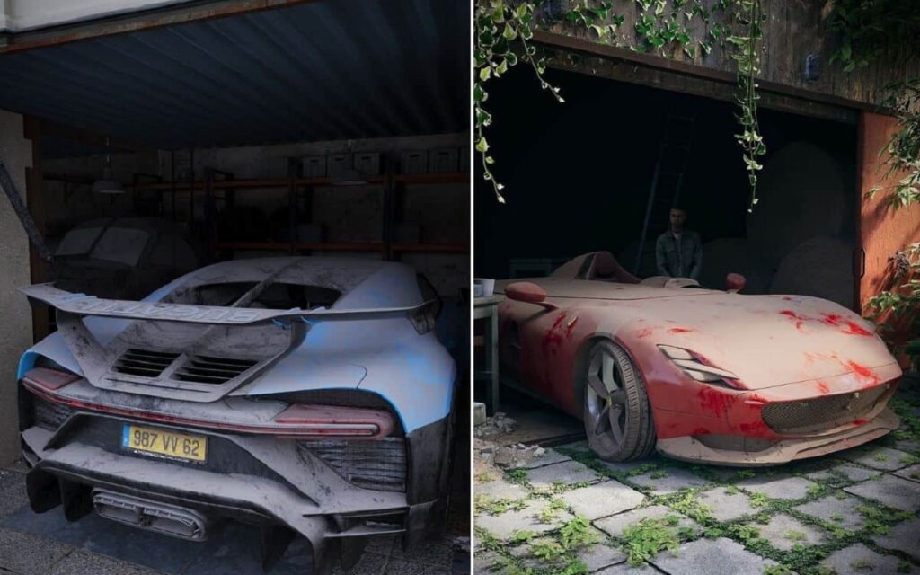 Bugatti e Ferrari abbandonate e lasciate a prendere polvere in un futuro senza più motori a combustione