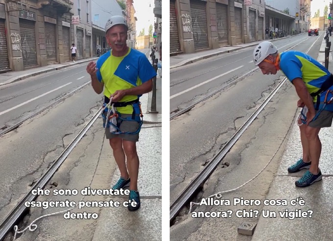 Milano, Giovanni Storti segnala le buche stradali a modo suo: “Così profonde che c’è dentro uno speleologo” [VIDEO]