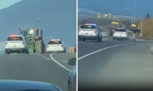 Auto della polizia insegue e sperona un trattore in autostrada facendolo ribaltare [VIDEO]
