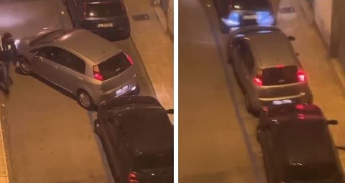 Il parcheggio è troppo stretto, così l’automobilista spinge un’altra auto per crearsi lo spazio [VIDEO]