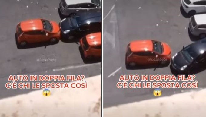 Gli bloccano l’auto parcheggiando in doppia fila e lui si libera spingendola [VIDEO]