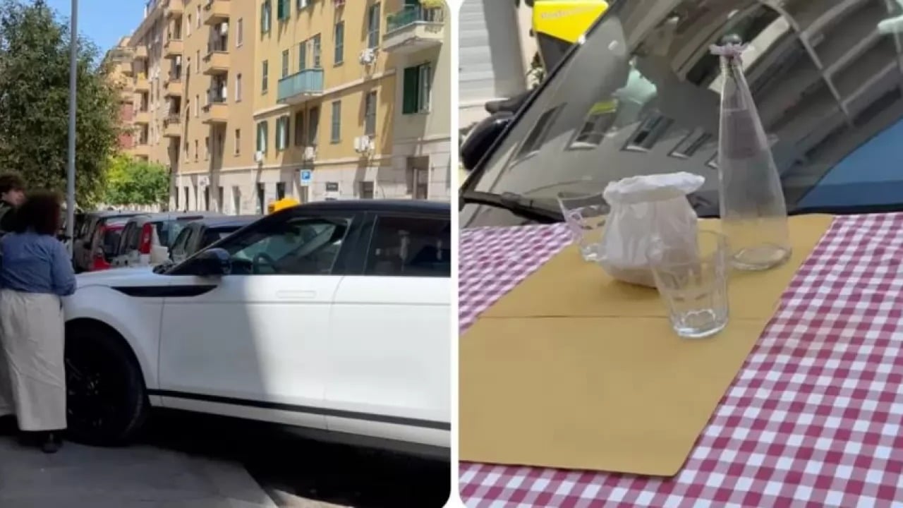 Roma: parcheggia il SUV sopra il marciapiede davanti a un ristorante, i passanti apparecchiano sul cofano