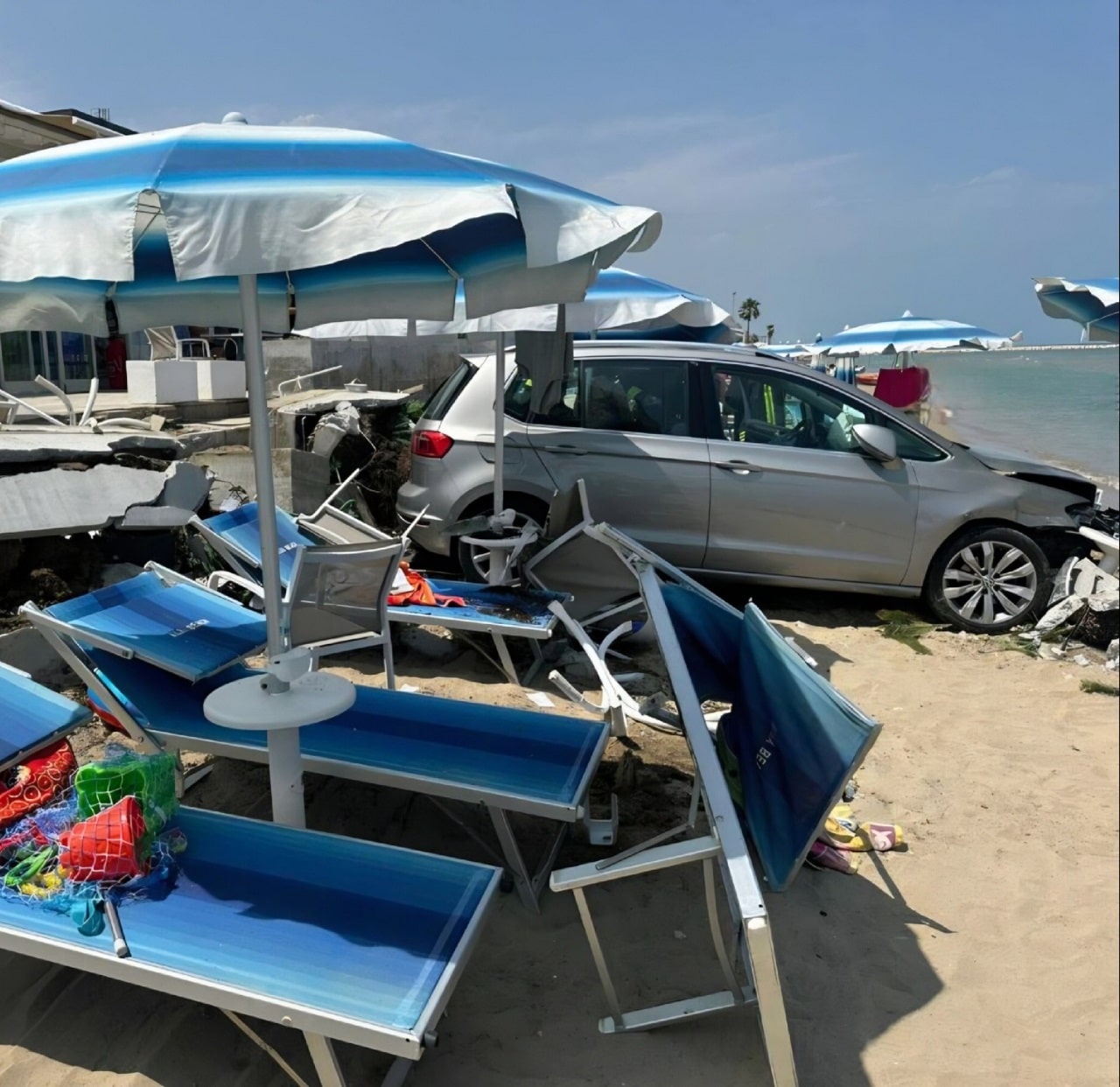 Auto travolge le sdraio in spiaggia ad Alba Adriatica: caos e feriti