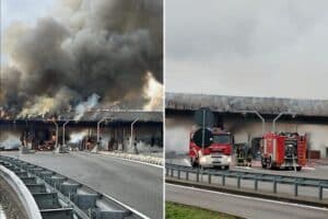 Incendio al casello di Brescia Sud: fiamme sull’autostrada A21, traffico bloccato