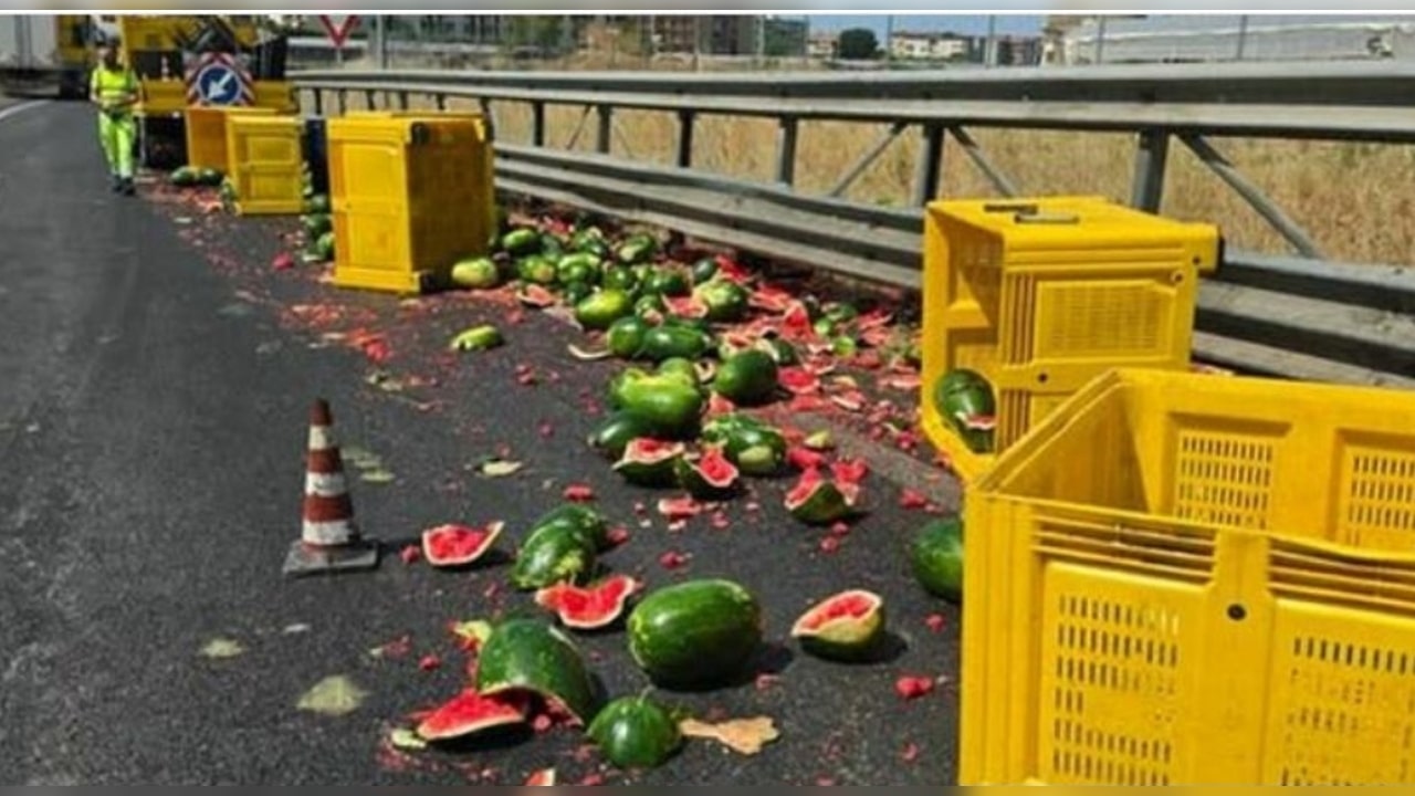 A2 invasa dalle angurie: camion perde il carico, traffico in tilt e “assalto” ai cocomeri sull’asfalto