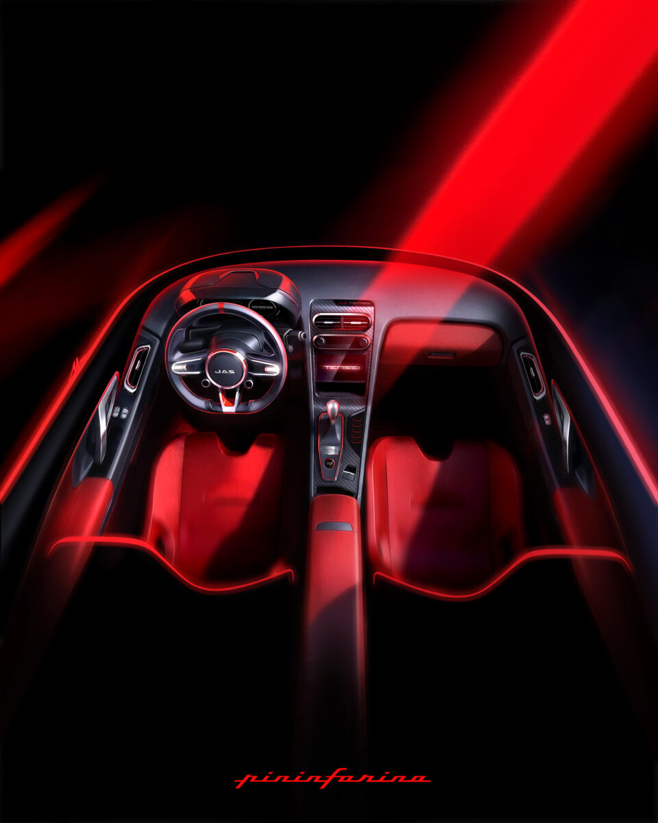 JAS Tensei by Pininfarina mostra il cockpit raffinato e personalizzabile, con dettagli in fibra di carbonio e colori rossi e neri