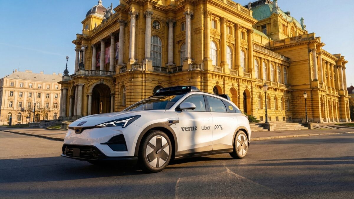 Robotaxi in movimento a Zagabria, con passeggeri che prenotano e viaggiano in autonomia