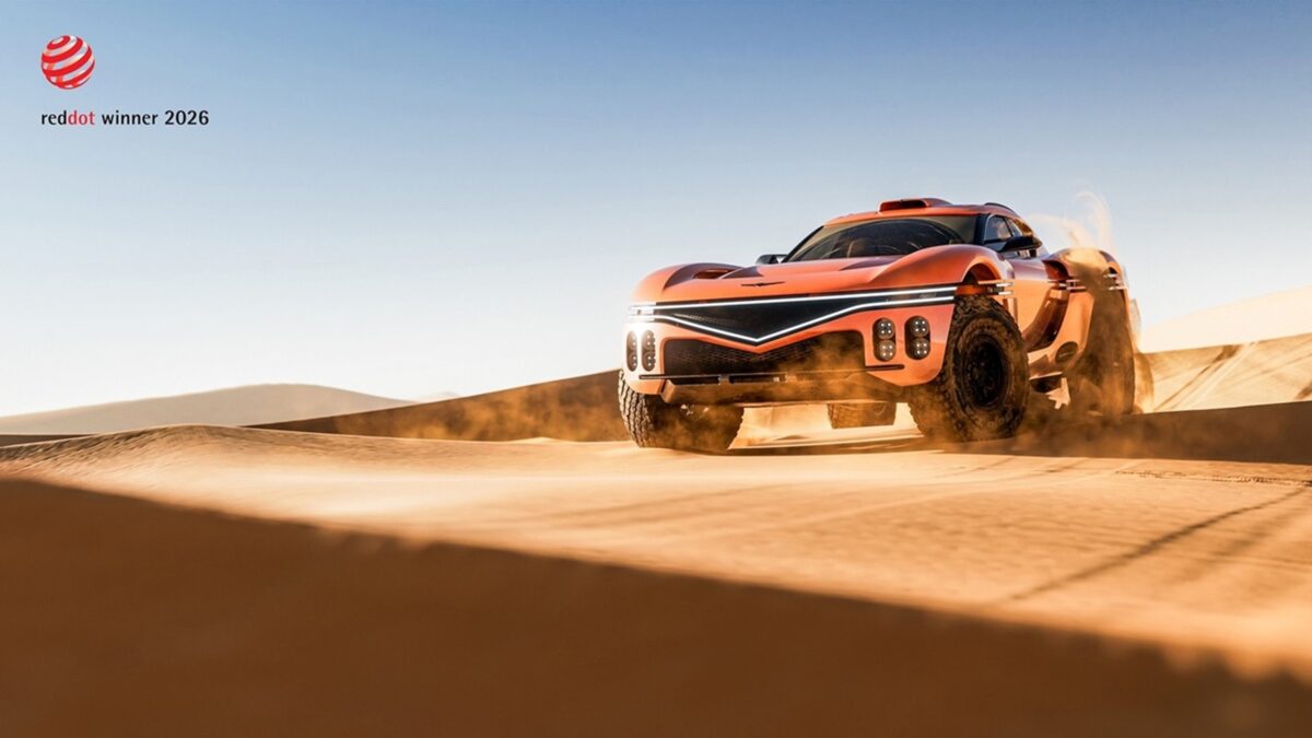 Concept car Genesis X Skorpio Concept in un ambiente desertico, con design ispirato allo scorpione nero e tecnologia avanzata