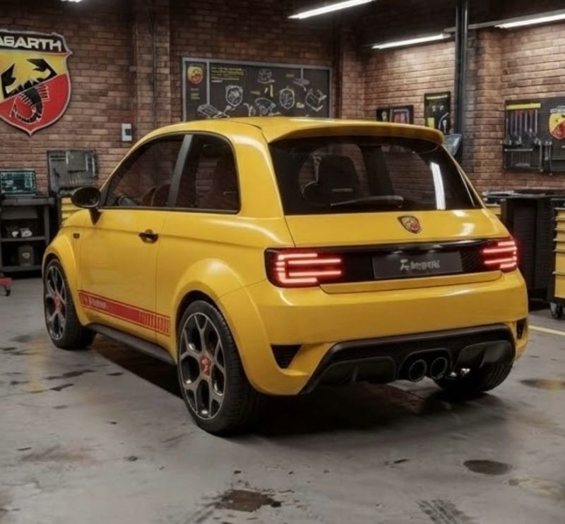 Designer AB Motors Milano mostra render giallo-rosso dell’Autobianchi A112 Abarth in un’officina storica