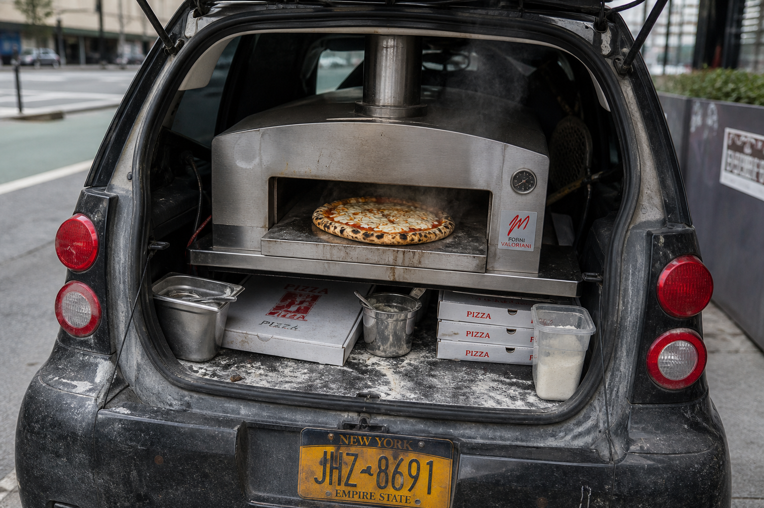Licenziato trasforma la sua Smart nella pizzeria più piccola di New York: 12mila dollari di fatturato al mese