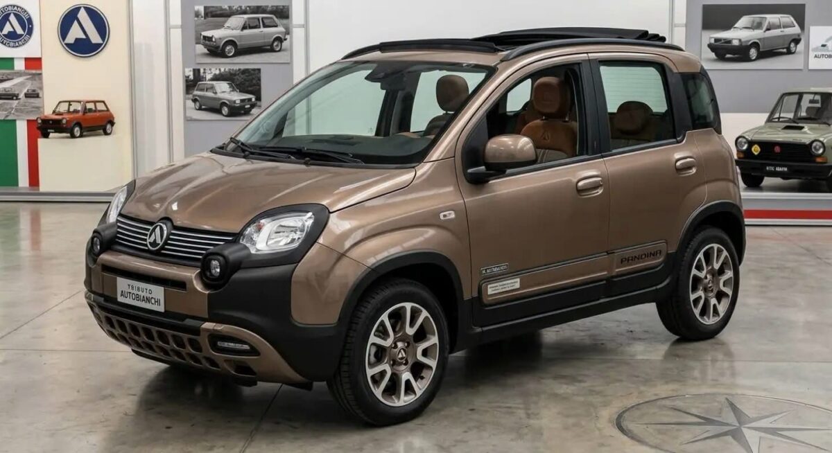 Un'auto con dettagli Autobianchi in mostra, con scritte sulle fiancate e cerchi in lega, in un contesto espositivo